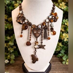 Vintage Unica Charm Necklace Amber Rhinestone Heart Tassel Butterfly Boho